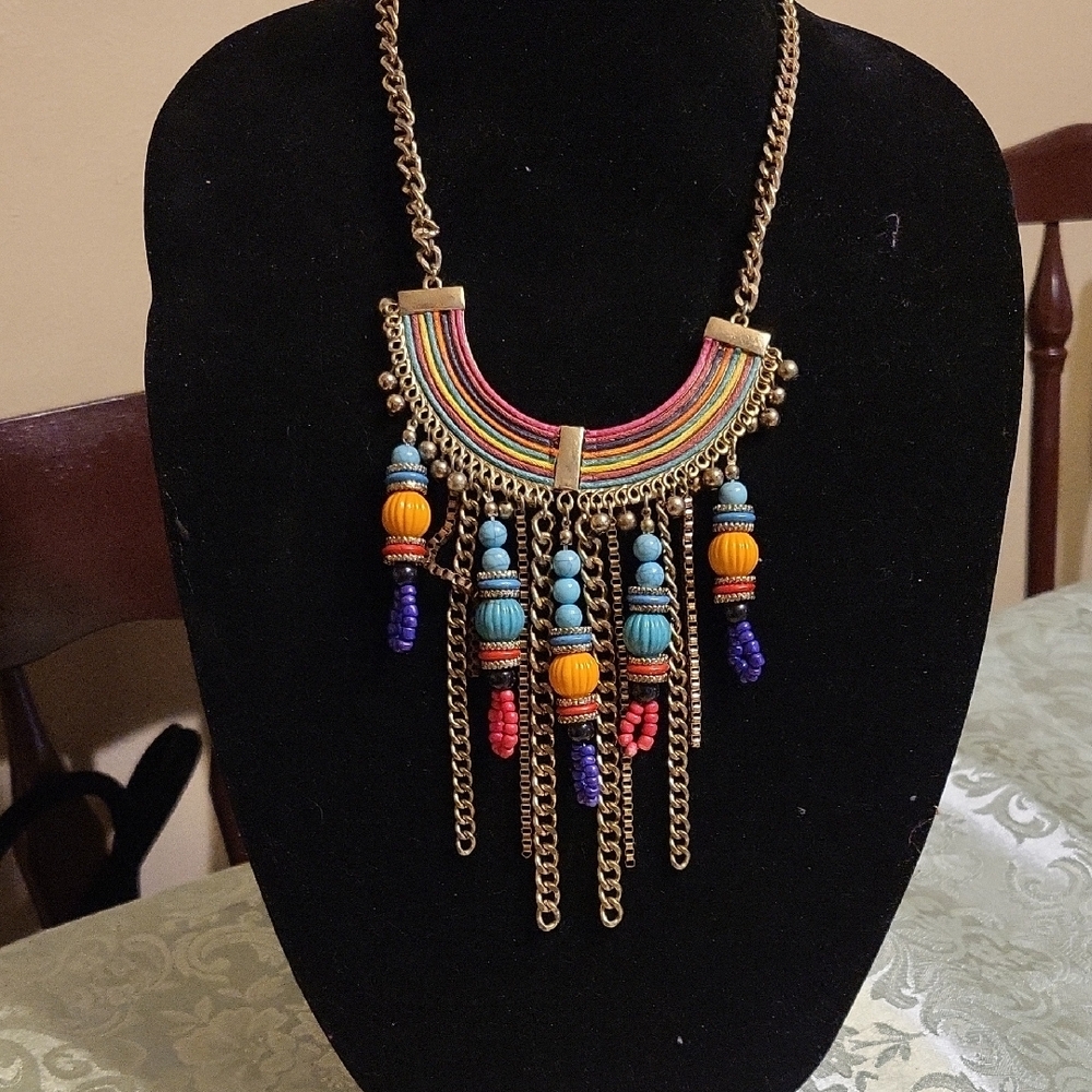 Colorful Statement Necklace with Beads and Chains